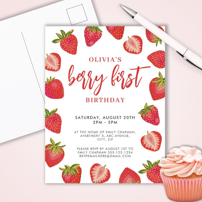 Flickor Berry Första jordgubbs födelsedagsfest Vykort (Cute strawberry Berry First birthday party invitation postcard.  Customize with your own event text.)