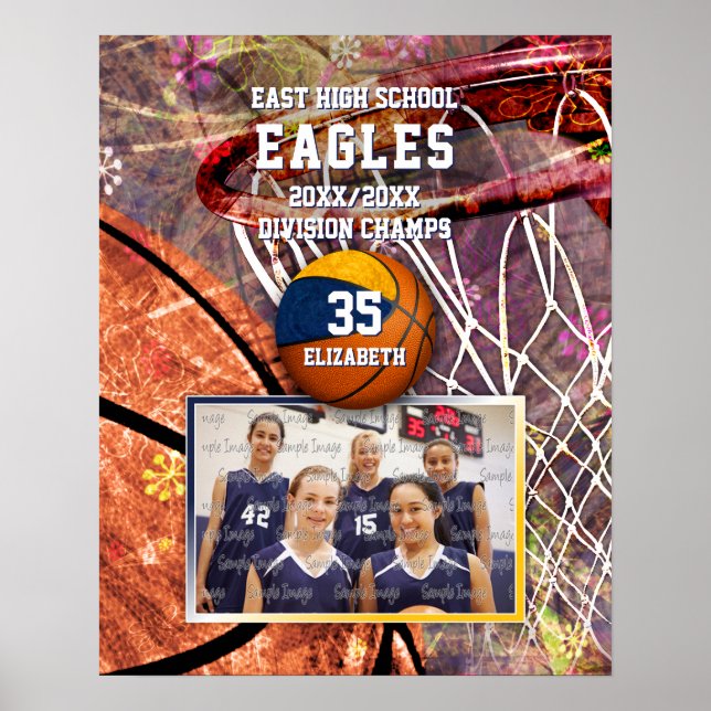 Flickor (blått guld-lag), färg-basketboll poster (Framsidan)