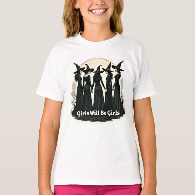 Flickor blir flickor (häxhalloween-tema) t shirt (Framsida)