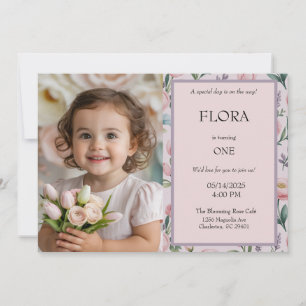 Flickor Blommig Foto Födelsedag Miss Onederful  Inbjudningar