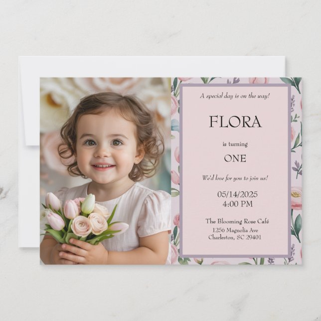 Flickor Blommig Foto Födelsedag Miss Onederful  Inbjudningar (Framsida)