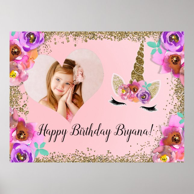 Flickor Blommig Guld Glitter Enhörning FOTO Banner Poster (Framsidan)