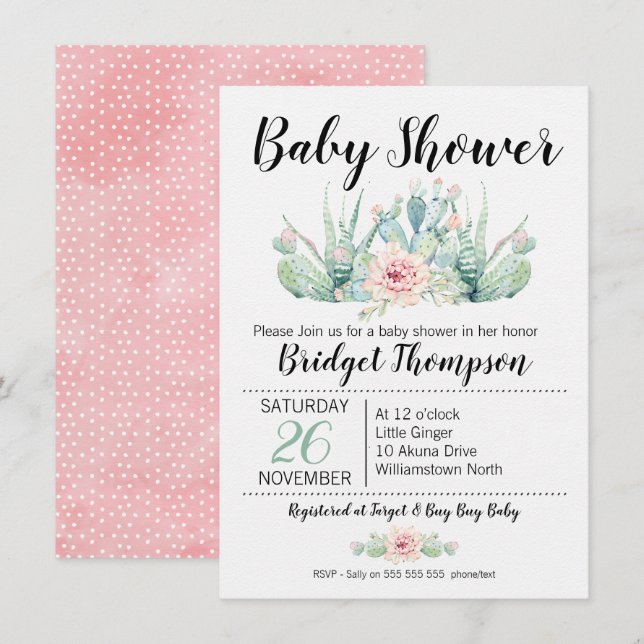 Flickor Blommigt Cactus Baby Shower-inbjudan Inbjudningar (Fram/baksida)