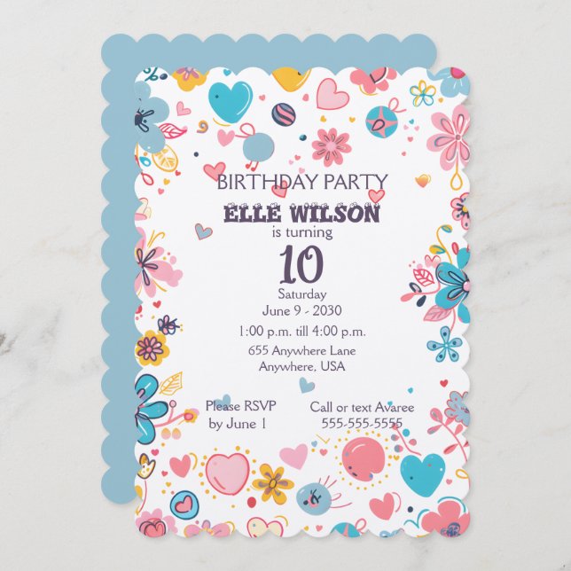 Flickor Blommigt Ram 10 Födelsedagsfest inbjudan (Fram/baksida)