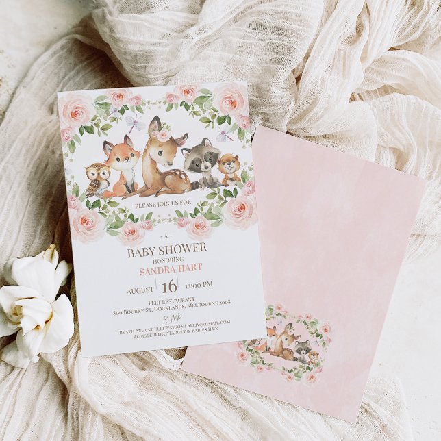 Flickor Blommigt Ram Woodland Baby Shower Inbjudningar (Skapare uppladdad)