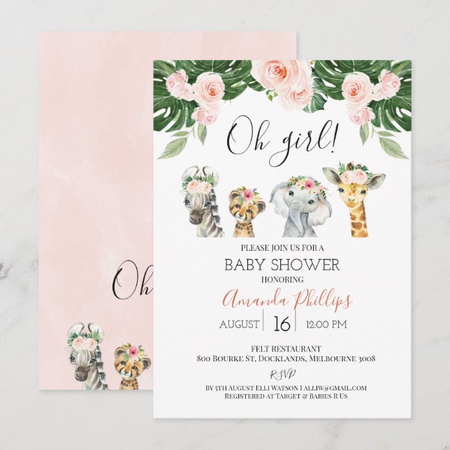 Flickor Blommigt Safari Animals Baby Shower-inbjud Inbjudningar (Fram/baksida)