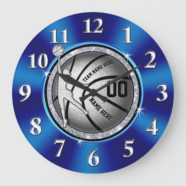 Flickor Blue, Silver Personlig Basketball Clock Stor Klocka (Framsida)