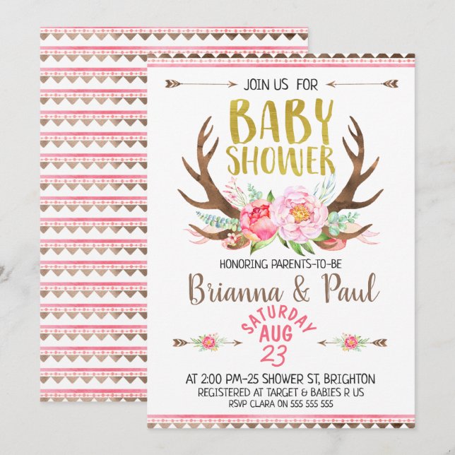 Flickor Boho Blommigt Antlers Baby Shower-inbjudan Inbjudningar (Fram/baksida)