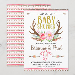 Flickor Boho Blommigt Antlers Baby Shower-inbjudan Inbjudningar
