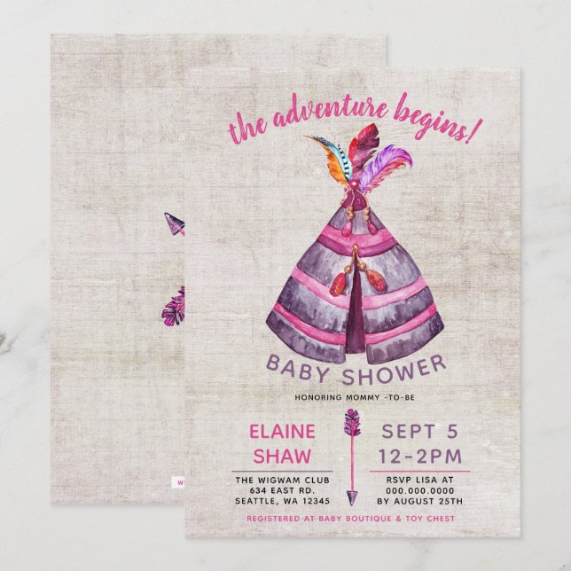 Flickor Boho TeePee Baby Shower-inbjudningar Inbjudningar (Fram/baksida)