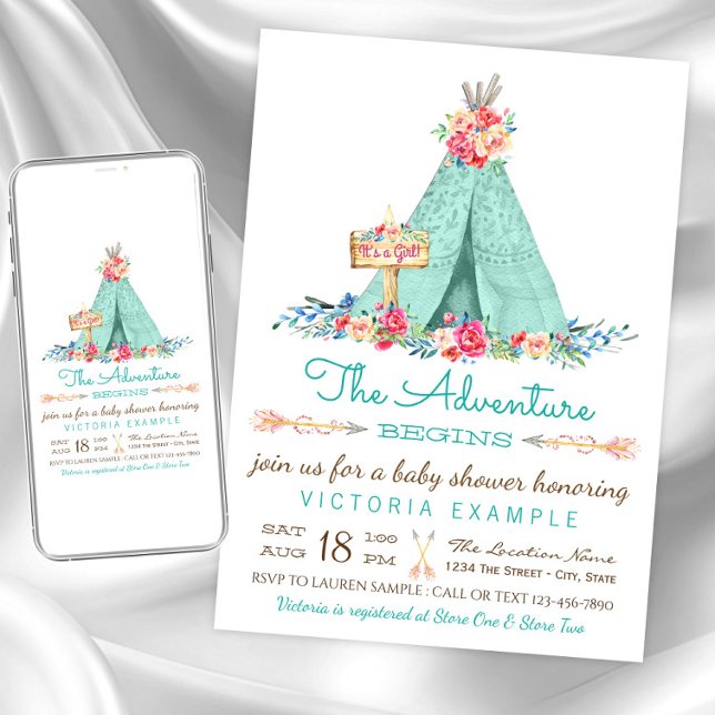 Flickor Boho TeePee Bebis Shower Inbjudningar (Cute teepee baby shower invitation. Instant download and printed invitations available.)