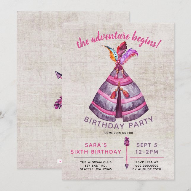 Flickor Boho TeePee Birthday-inbjudningar Inbjudningar (Fram/baksida)