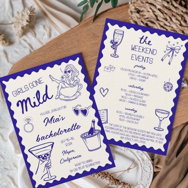 Flickor Borta Mild Spa Day Bachelorette Hand plock Inbjudningar (Girls Gone Mild Bachelorette Weekend Invitation Blue Hand Drawn Spa Day Casual Cute)