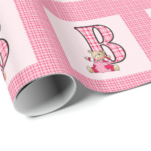 Flickor Brev 'B' med Nalle och Rosa Gingham Presentpapper