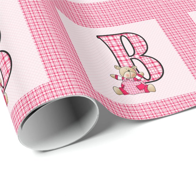 Flickor Brev 'B' med Nalle och Rosa Gingham Presentpapper (Rullad Hörn)