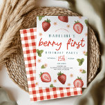 Flickor Cute Berry First Summer Kids First Birthda Inbjudningar<br><div class="desc">Den här söta och visuella flickans första födelsedag-inbjudan har en snygg rosa- och blomillustration med en enkel och modern vit bakgrund och kan vara personlig med all information du behöver för ditt barns första party i en söt typografi. "Björnbäret först" inbjudan har också en matchande röd gingham mönster på baksidan....</div>