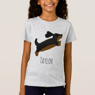 Flickor Cute Black Dachshund Hund Tecknad och Namn T Shirt