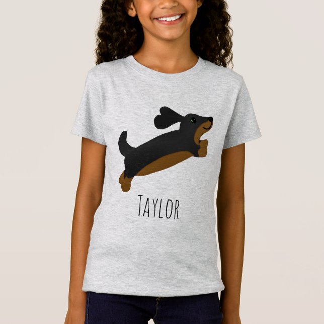 Flickor Cute Black Dachshund Hund Tecknad och Namn T Shirt (Framsida)