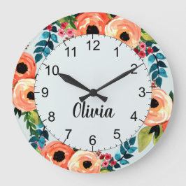 Flickor Cute Blommigt Watercolor Flowers Namn Kids Stor Klocka