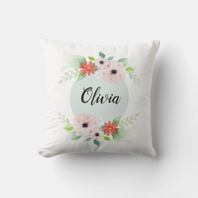 Flickor Cute Blommigt Watercolor Flowers och Namn  Kudde (Framsida)