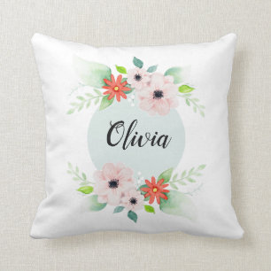 Flickor Cute Blommigt Watercolor Flowers och Namn  Kudde