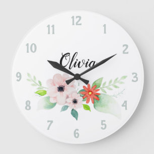 Flickor Cute Blommigt Watercolor Flowers och Namn Stor Klocka