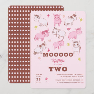 Flickor Cute Funny Cows Rosa Tecknad Andra födelse Inbjudningar