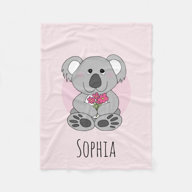 Flickor Cute Koala Bear Flowers och Namn Kids Fleecefilt (Framsidan)