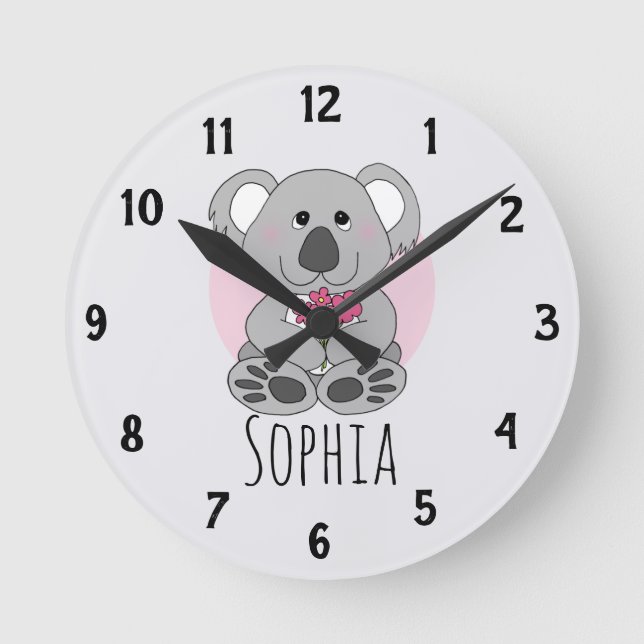 Flickor Cute Koala Bear med blommor Kids Nursery Rund Klocka (Framsida)