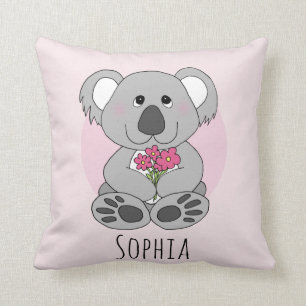 Flickor Cute Koala Bear Tecknad & Flowers Namn Kid Kudde