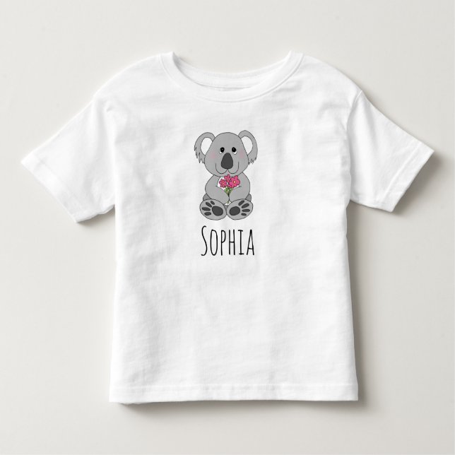 Flickor Cute Koala Bear Tecknad och Blommor och Na T Shirt (Framsida)
