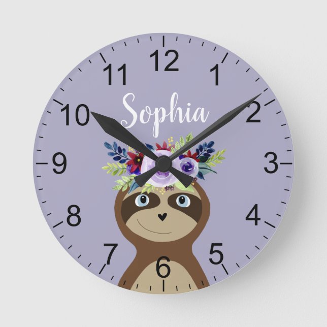 Flickor Cute Lila Flower Sloth och Namn Kids Rund Klocka (Framsida)