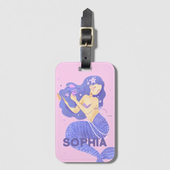 Flickor Cute Lila Sjöjungfru Namn Personlig Kids Bagagebricka (Framsida vertikal)