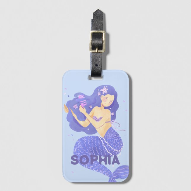 Flickor Cute Lila Sjöjungfru Namn Personlig Kids Bagagebricka (Framsida vertikal)