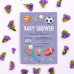 Flickor Cute Lila Sports Baby Shower Inbjudningar<br><div class="desc">Den här söta och moderna inbjudan till babyduschen har en lila sport tecknad mönster,  med basket,  fotboll,  fotboll,  fotboll,  tennis racket,  trofi och stjärnor. Inbjudan kan vara personlig med förälderns namn och annan information som behövs för party. Den perfekt roligten sportade temat tillägg till din medfödda babydusch för par.</div>