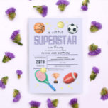 Flickor Cute Lila Sports Superstar Baby Shower Inbjudningar<br><div class="desc">Den här söta och moderna "en liten superstjärna är på väg"-tecknaden för flickduschar har en lila design för idrotten, med basket, fotboll, fotboll, fotboll, tennis racket, trofi och stjärnor. Inbjudan kan vara personlig med förälderns namn och annan information som behövs för party. Den perfekt roligten sportade temat tillägg till din...</div>