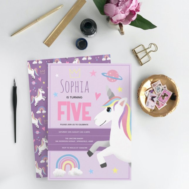 Flickor Cute Lila Unicorn Kids 5:e födelsedagen Inbjudningar (Skapare uppladdad)