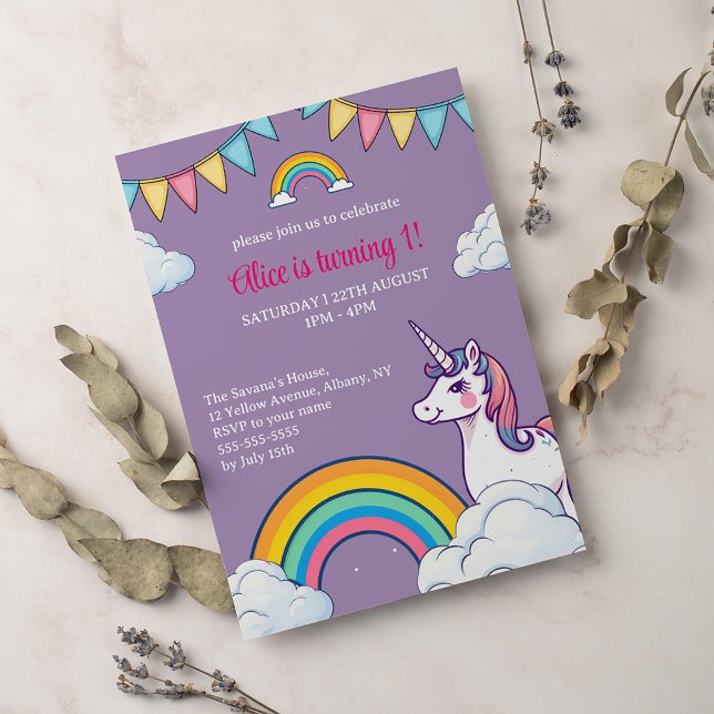 Flickor Cute Lila Unicorn Kids Första födelsedag Inbjudningar (Skapare uppladdad)