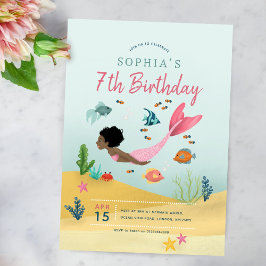 Flickor Cute Magic Afro Sjöjungfru 7:e Birthday Inbjudningar