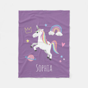 Flickor Cute Magic Lila Unicorn & Namn Kids Fleecefilt