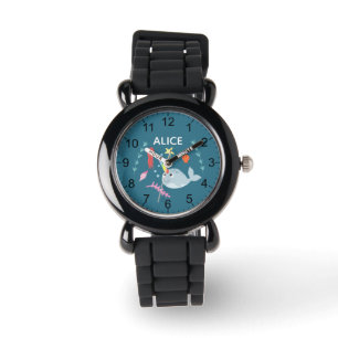 Flickor Cute Modern Rainbow Narwhal och Namn Kids Armbandsur