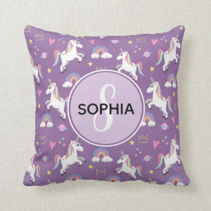 Flickor Cute Monogrammed Lila Unicorn Mönster Kids Kudde