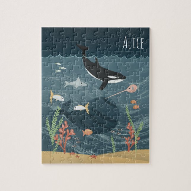 Flickor Cute Night Ocean & Whimsical Orca Kids Pussel (Vertikal)