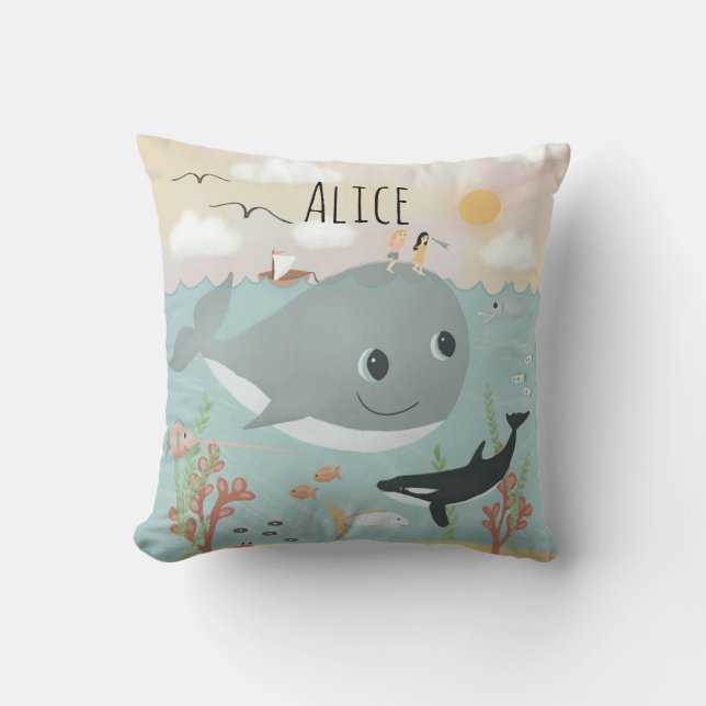 Flickor Cute Ocean Whale Illustration Kids Cushion Kudde (Framsida)