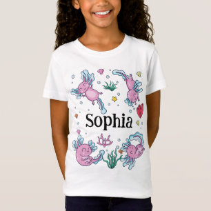 Flickor Cute och Modern Rosa Axolotl och Namn Kids T Shirt