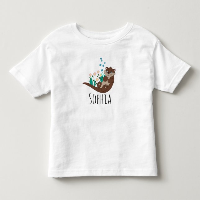 Flickor, Cute Otter Tecknad och Flowers T Shirt (Framsida)