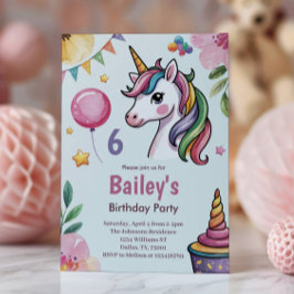 Flickor Cute Pastel Unicorn Kids 6e födelsedag Inbjudningar