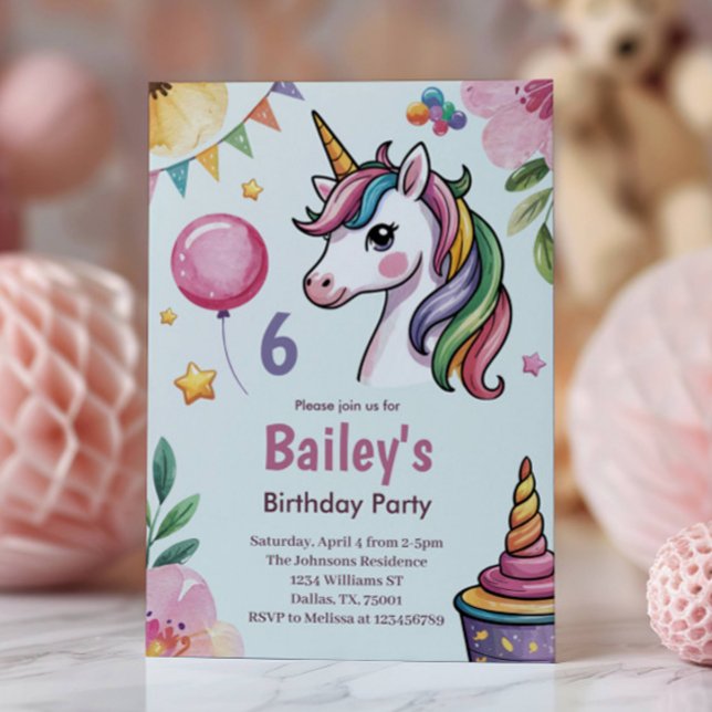 Flickor Cute Pastel Unicorn Kids 6e födelsedag Inbjudningar (Skapare uppladdad)