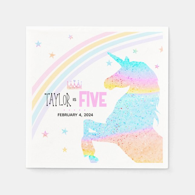 Flickor Cute Rainbow Unicorn Kids 5:e födelsedagen Pappersservett (Framsidan)
