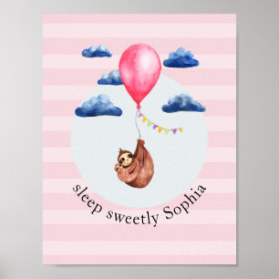 Flickor Cute Rosa Balloon Sloth Animal och Namn Ki Poster